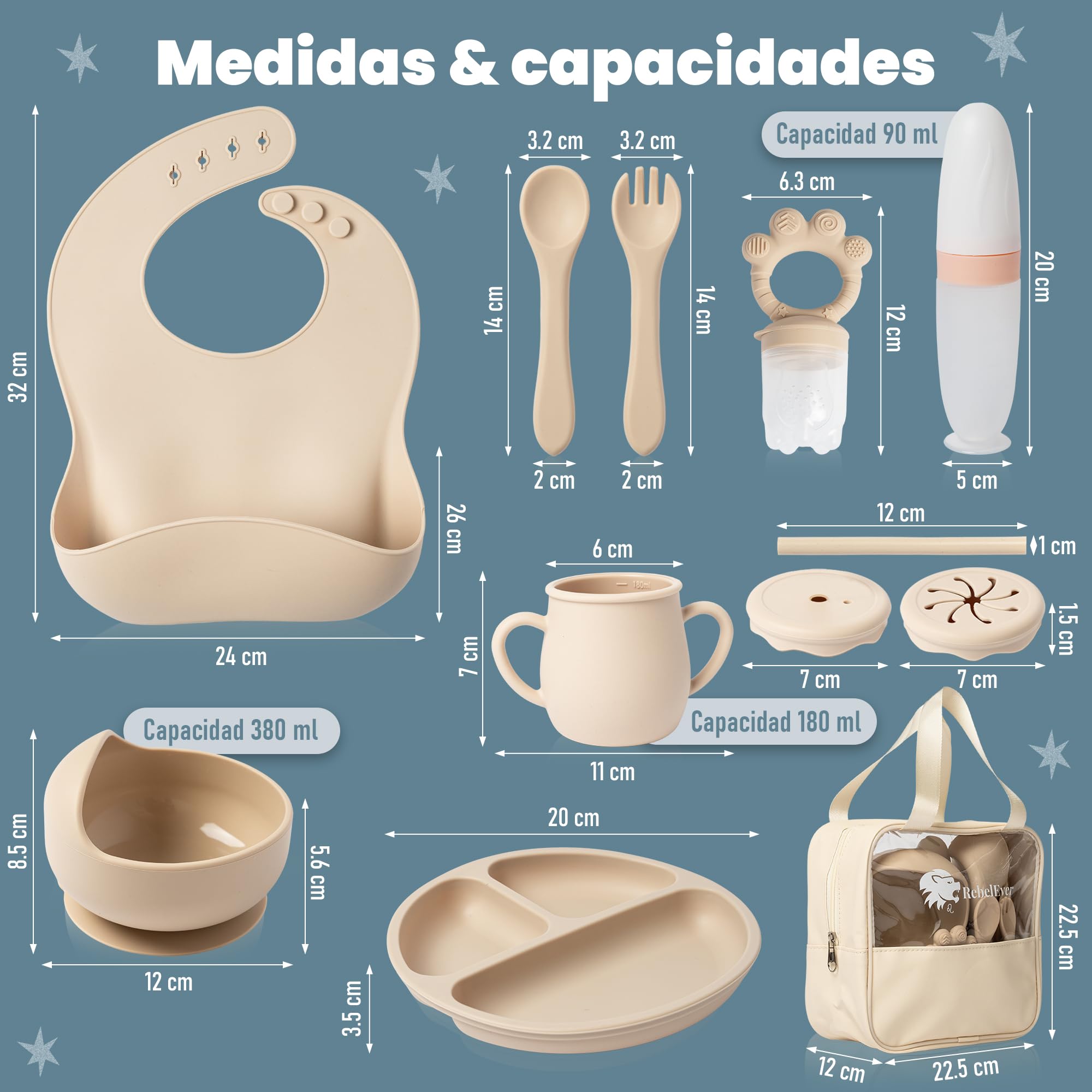 Vajilla Bebe Silicona que incluye Plato Bebe Ventosa, Cubiertos Bebe y Bolsa para Viaje o Almacenaje - Chupete Fruta Bebe - Cuchara Bebe Aprendizaje con botella de Almacenamiento - Perfecto Regalo