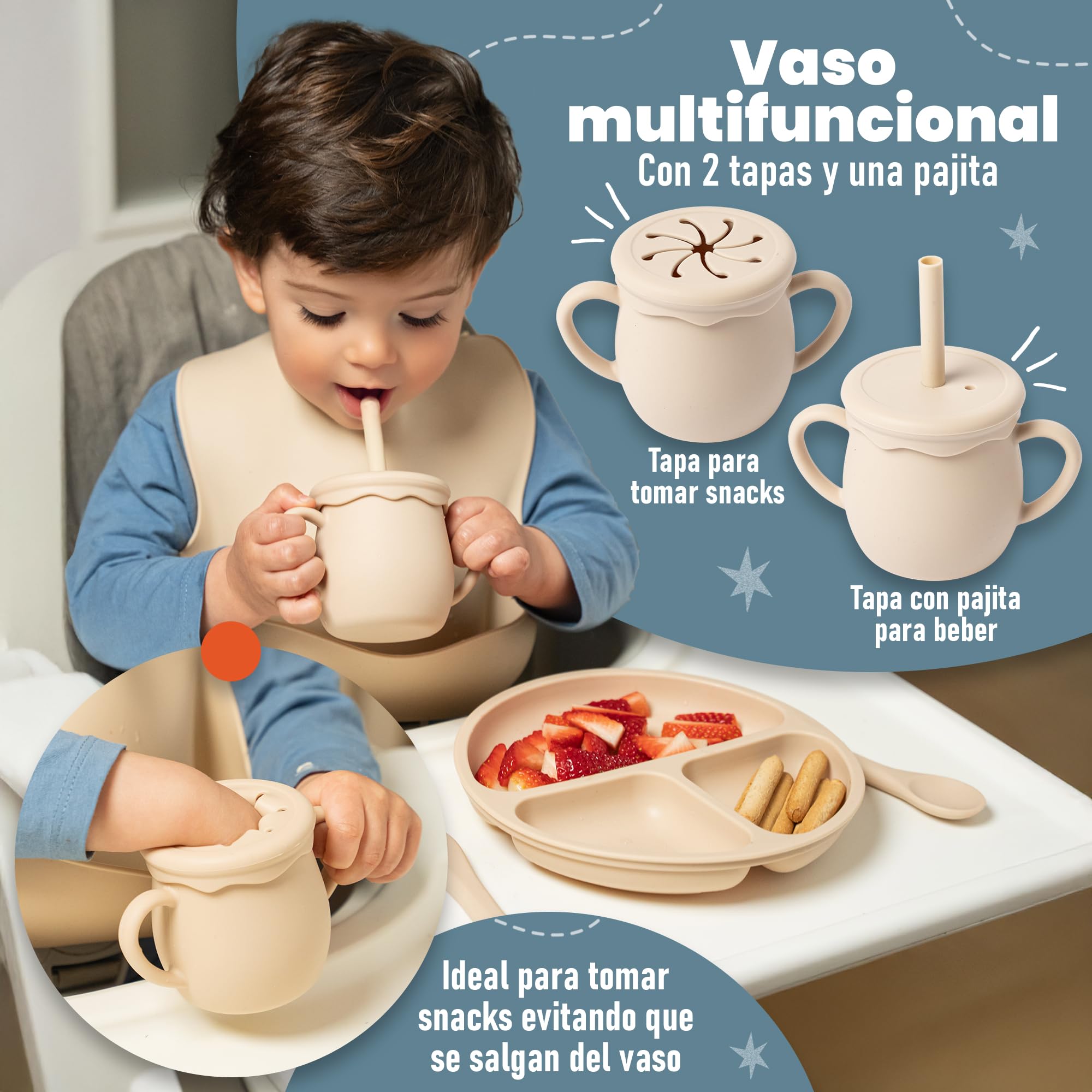 Vajilla Bebe Silicona que incluye Plato Bebe Ventosa, Cubiertos Bebe y Bolsa para Viaje o Almacenaje - Chupete Fruta Bebe - Cuchara Bebe Aprendizaje con botella de Almacenamiento - Perfecto Regalo