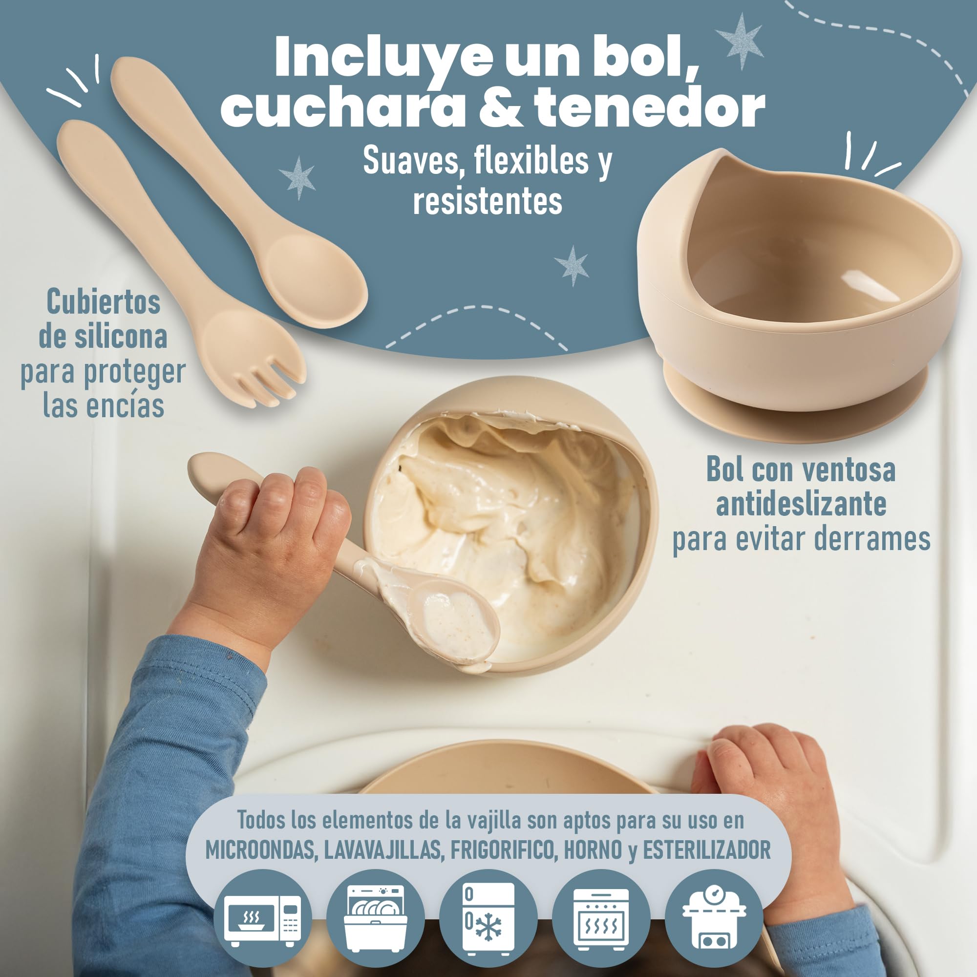 Vajilla Bebe Silicona que incluye Plato Bebe Ventosa, Cubiertos Bebe y Bolsa para Viaje o Almacenaje - Chupete Fruta Bebe - Cuchara Bebe Aprendizaje con botella de Almacenamiento - Perfecto Regalo