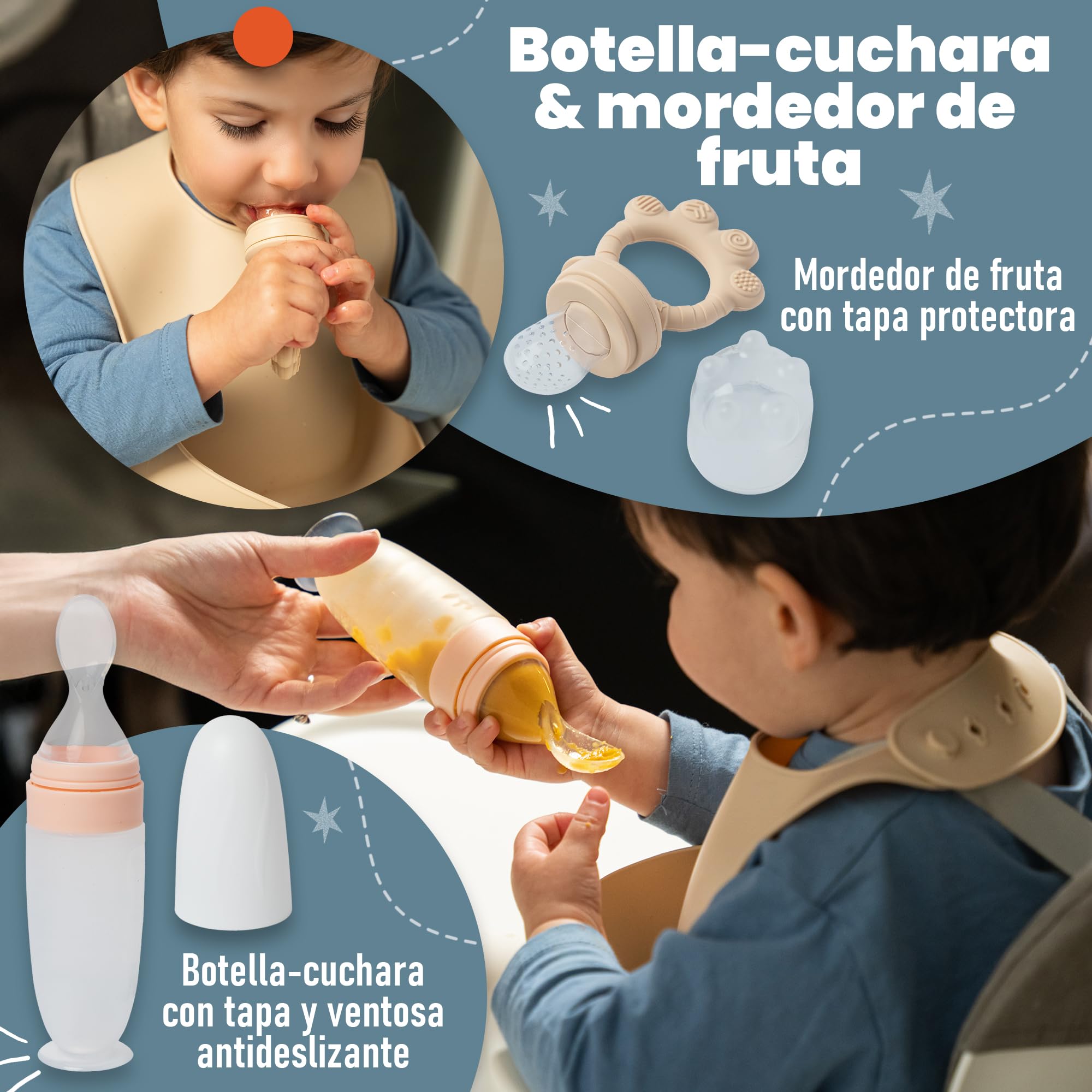 Vajilla Bebe Silicona que incluye Plato Bebe Ventosa, Cubiertos Bebe y Bolsa para Viaje o Almacenaje - Chupete Fruta Bebe - Cuchara Bebe Aprendizaje con botella de Almacenamiento - Perfecto Regalo