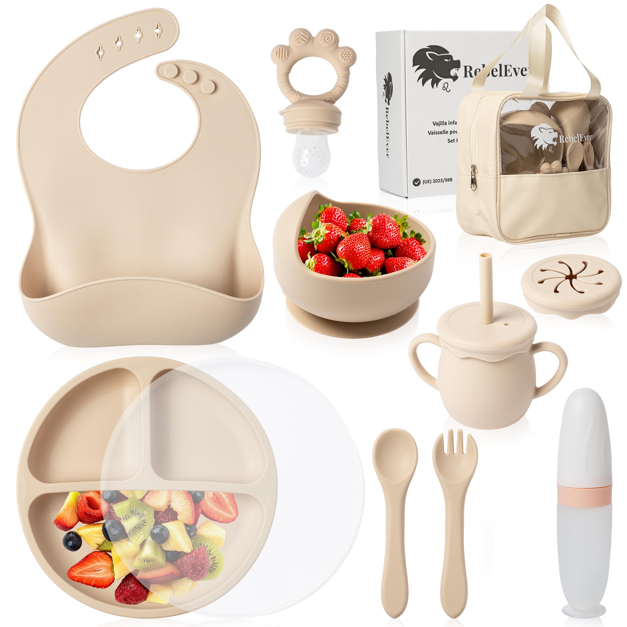 Vajilla Bebe Silicona que incluye Plato Bebe Ventosa, Cubiertos Bebe y Bolsa para Viaje o Almacenaje - Chupete Fruta Bebe - Cuchara Bebe Aprendizaje con botella de Almacenamiento - Perfecto Regalo