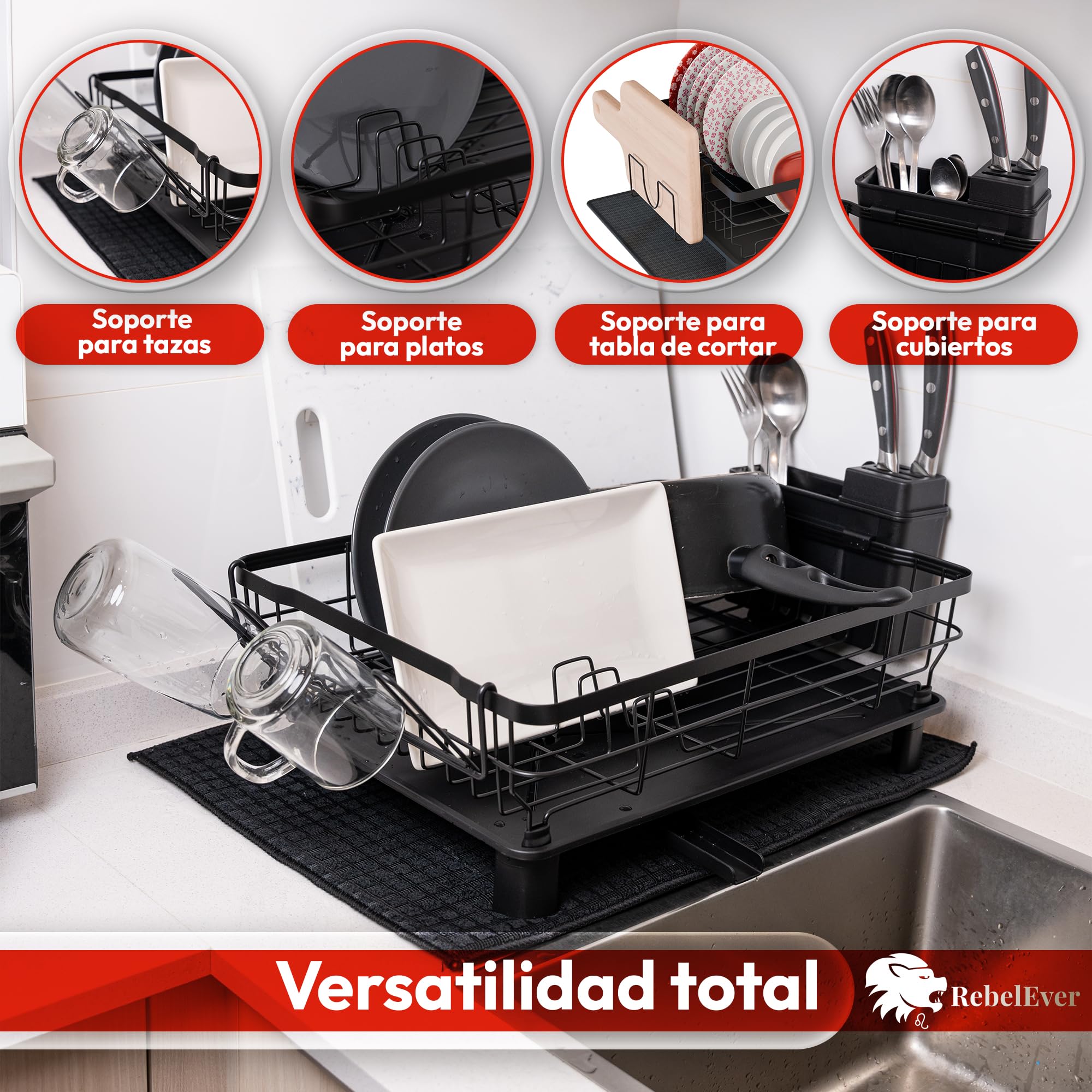 RebelEver - Escurreplatos sobre Fregadero - Escurridor de Platos con Alfombrilla y Sistema de Drenaje Automático - Fácil Limpieza y Montaje Sin Herramientas (1 Nivel)