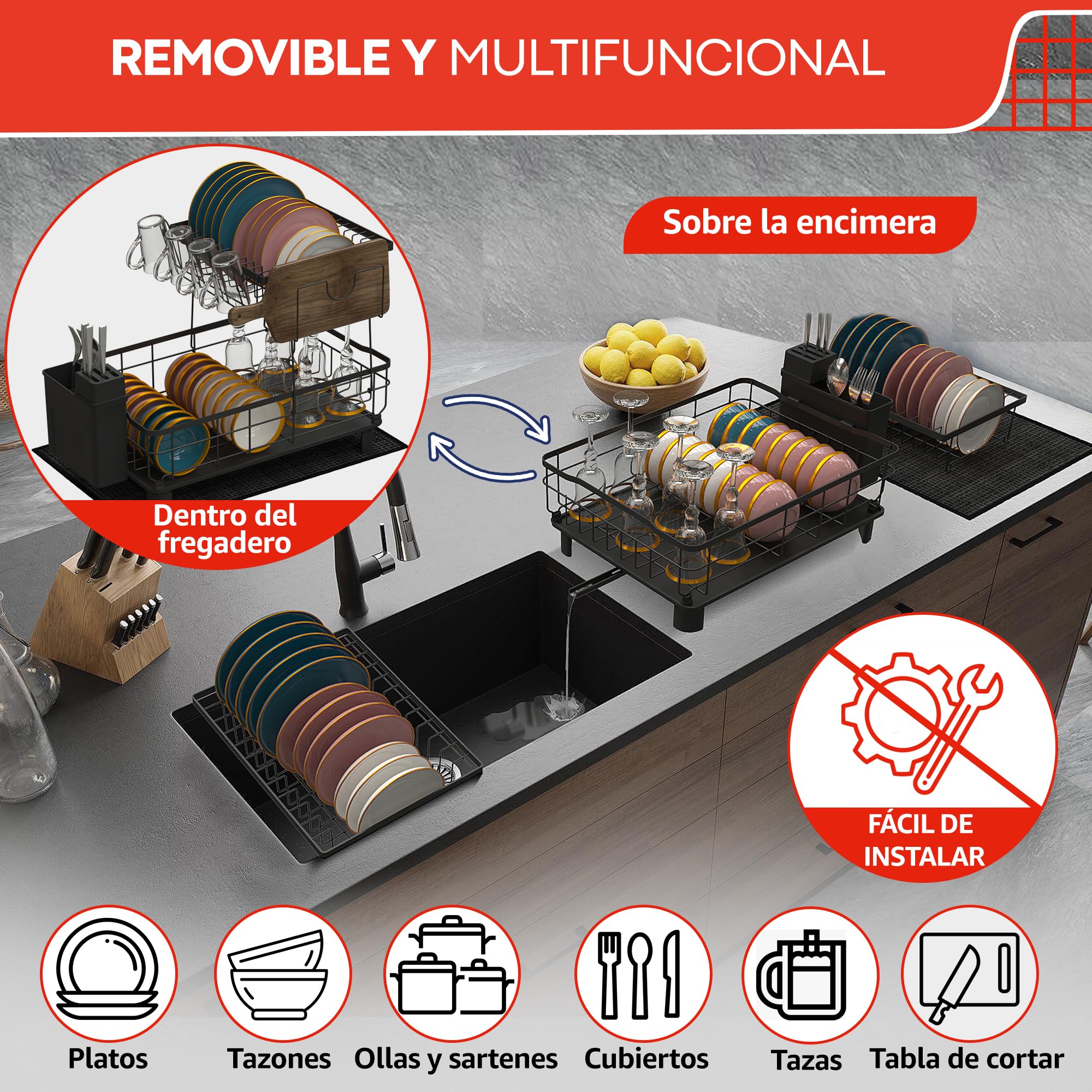 RebelEver Escurreplatos sobre Fregadero - escurridor de Platos con Alfombrilla escurreplatos y Sistema de Drenaje automático a Fregadero - Fácil Limpieza y Montaje Sin Herramientas (2 Niveles)