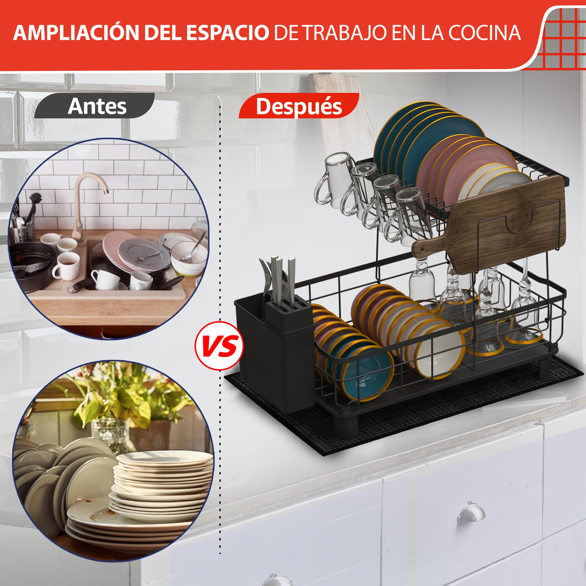 RebelEver Escurreplatos sobre Fregadero - escurridor de Platos con Alfombrilla escurreplatos y Sistema de Drenaje automático a Fregadero - Fácil Limpieza y Montaje Sin Herramientas (2 Niveles)