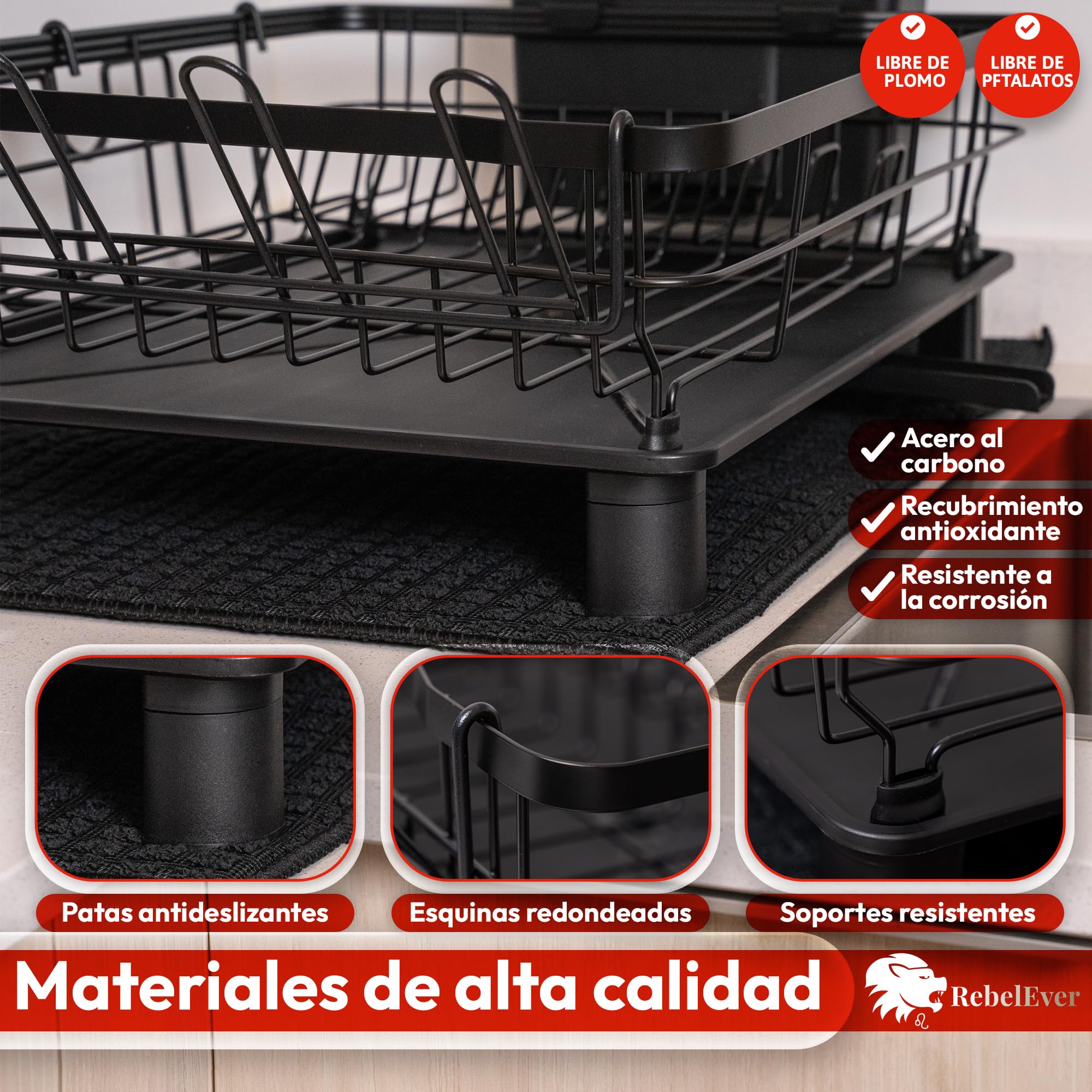 RebelEver - Escurreplatos sobre Fregadero - Escurridor de Platos con Alfombrilla y Sistema de Drenaje Automático - Fácil Limpieza y Montaje Sin Herramientas (1 Nivel)