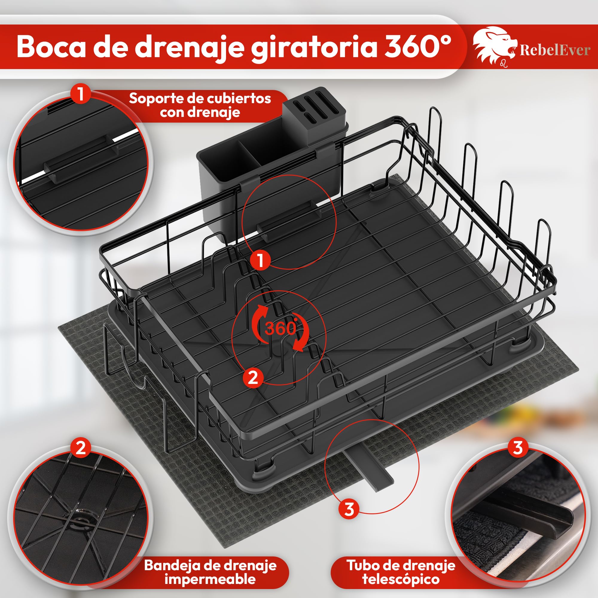 RebelEver - Escurreplatos sobre Fregadero - Escurridor de Platos con Alfombrilla y Sistema de Drenaje Automático - Fácil Limpieza y Montaje Sin Herramientas (1 Nivel)