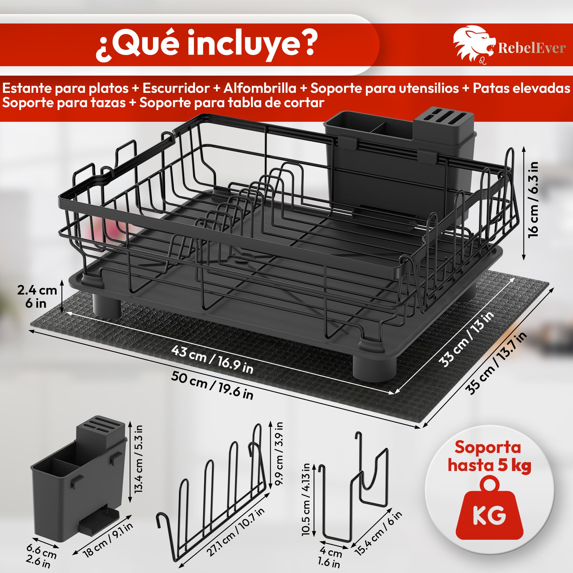 RebelEver - Escurreplatos sobre Fregadero - Escurridor de Platos con Alfombrilla y Sistema de Drenaje Automático - Fácil Limpieza y Montaje Sin Herramientas (1 Nivel)