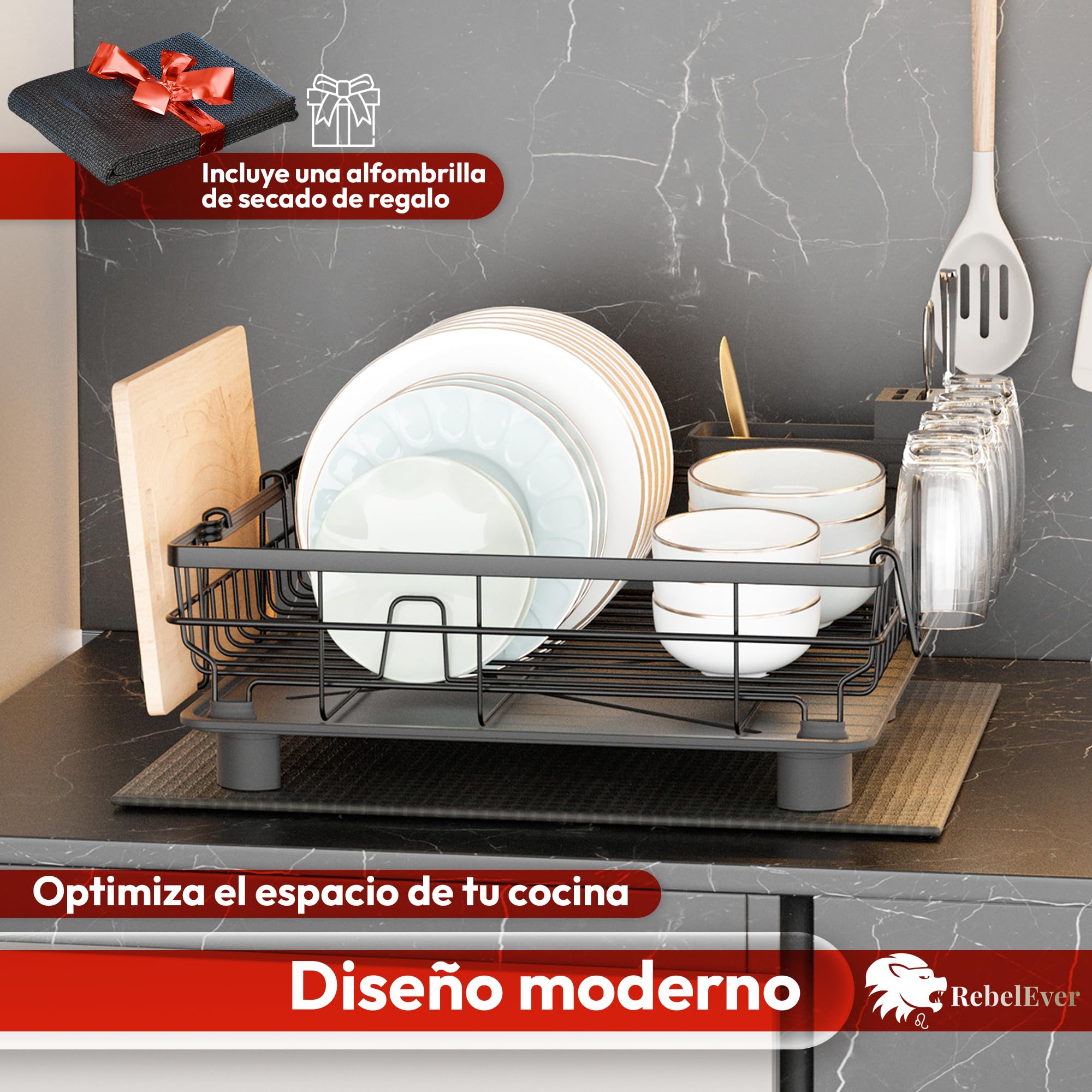 RebelEver - Escurreplatos sobre Fregadero - Escurridor de Platos con Alfombrilla y Sistema de Drenaje Automático - Fácil Limpieza y Montaje Sin Herramientas (1 Nivel)