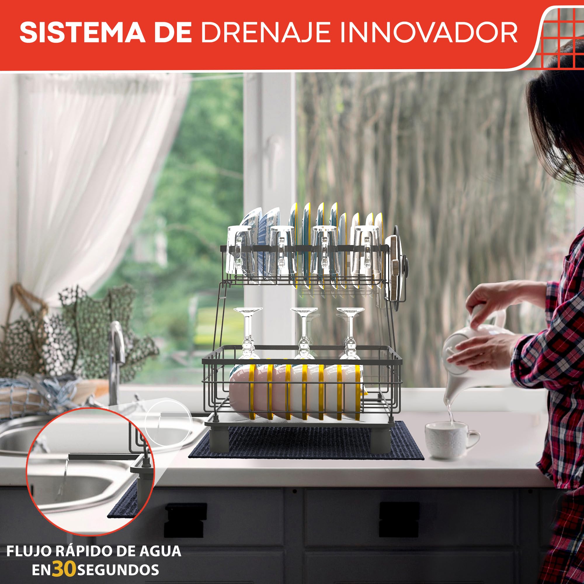 RebelEver Escurreplatos sobre Fregadero - escurridor de Platos con Alfombrilla escurreplatos y Sistema de Drenaje automático a Fregadero - Fácil Limpieza y Montaje Sin Herramientas (2 Niveles)