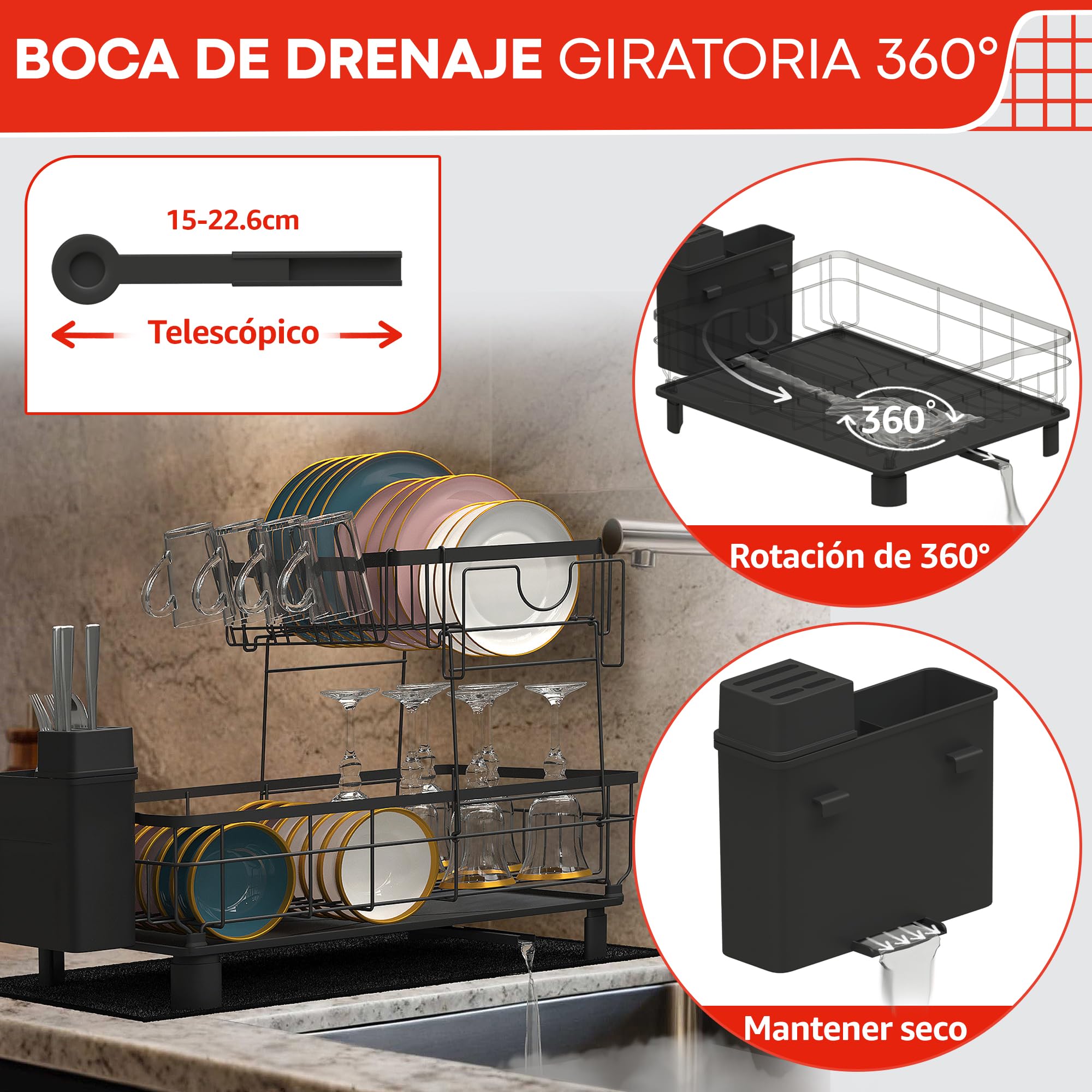RebelEver Escurreplatos sobre Fregadero - escurridor de Platos con Alfombrilla escurreplatos y Sistema de Drenaje automático a Fregadero - Fácil Limpieza y Montaje Sin Herramientas (2 Niveles)