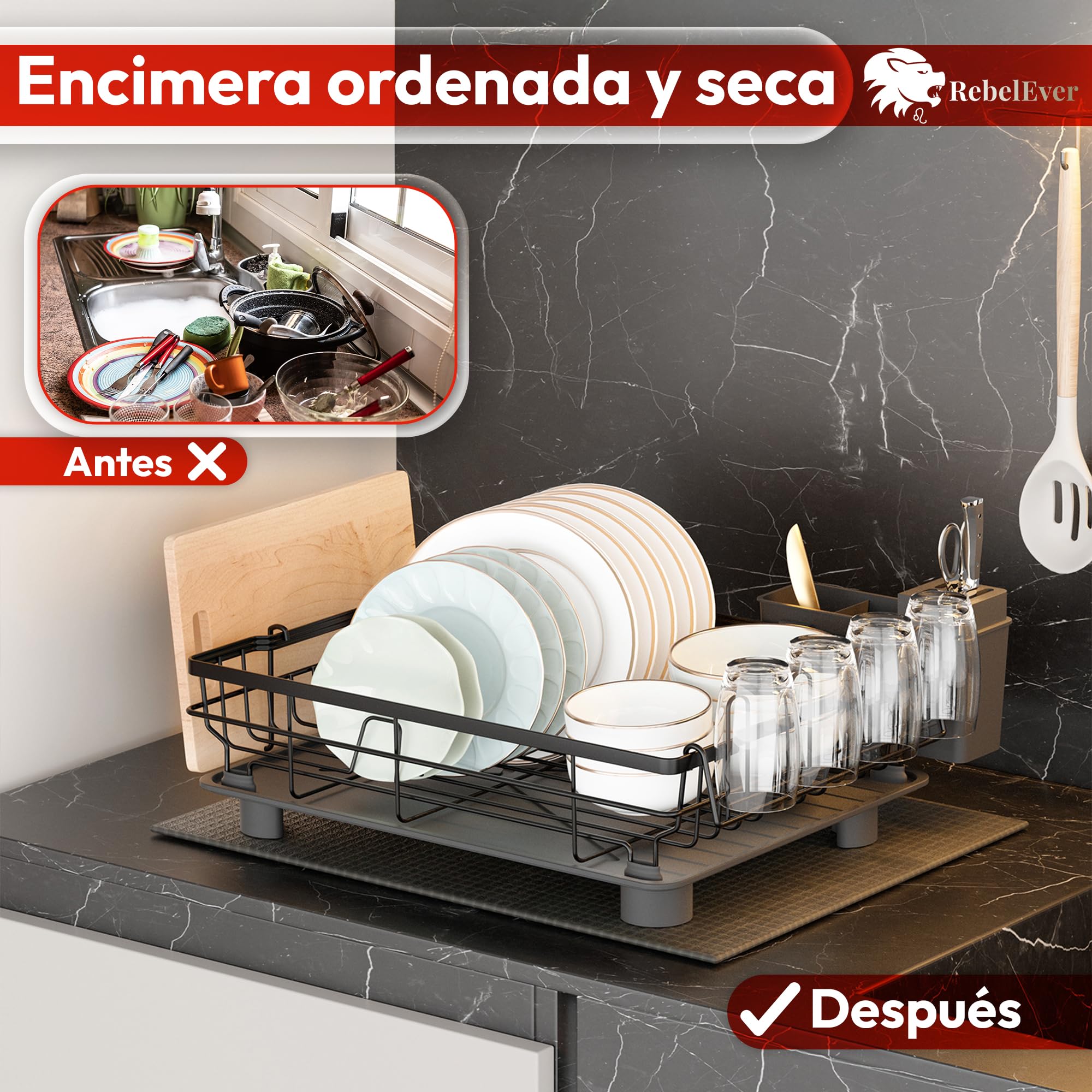 RebelEver - Escurreplatos sobre Fregadero - Escurridor de Platos con Alfombrilla y Sistema de Drenaje Automático - Fácil Limpieza y Montaje Sin Herramientas (1 Nivel)